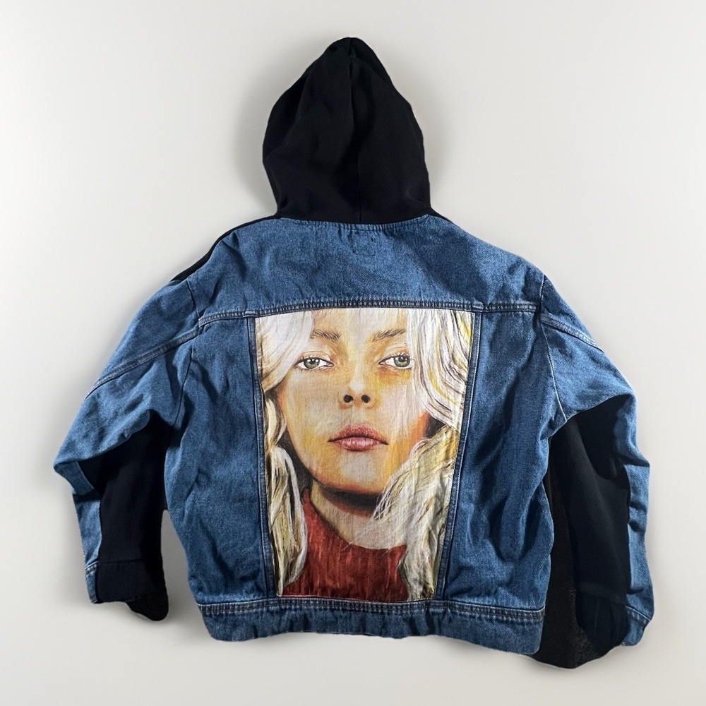 ZARA‎ Denim Hoodie Women S Blue Black Women in Art Graphic Hybrid Jacket SS19